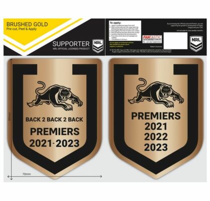 Penrith Panthers 2023 NRL Three-Peat Premiers Back To Back To Back Set of 2 Brushed Gold Mini Decals Stickers