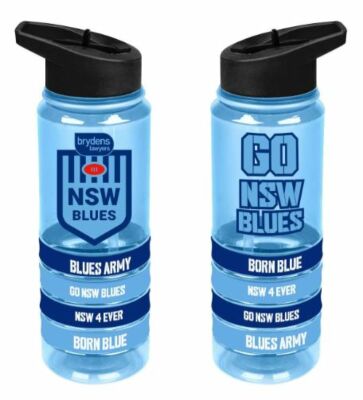 New South Wales NSW Blues State Of Origin SOO NRL Tritan Plastic Drink Bottle With 4 Wrist
Bands In Team Colours