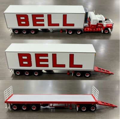 Highway Replicas Bell Freight Road Train 1:64 Scale Die Cast Model Truck With Additional Flat Deck Trailer