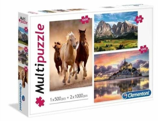 Horses, Mountain, Mont Saint-Michel - Clementoni Multipuzzle 1 x 500 Piece Jigsaw Puzzle 2 x 1000 Pieces Jigsaw Puzzle Fun Activity Gift Idea