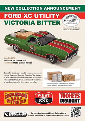 PRE ORDER $50 DEPOSIT - Victoria Bitter VB Ford XC Utility Brewers of Australia Beer Collection Ute No. 1 1:18 Scale Model Car (FULL PRICE - $299.00*)