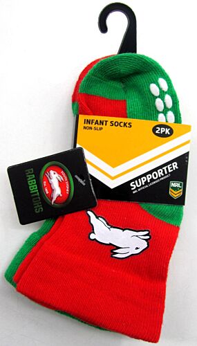 South Sydney Rabbitohs NRL Baby Infant Socks 2 pack Anti-Slip Grip Size 00-1
