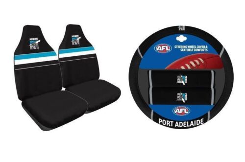 Set Of 2 Port Adelaide AFL Car Seat Covers & Steering Wheel 