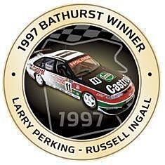 PRE ORDER - 1997 Bathurst Winner Antique Gold Coloured Medallion In Box - Larry Perkins Russell Ingall Holden VS Commodore (FULL PRICE - $99.99)