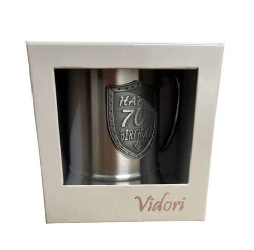 Happy 70th Birthday Stainless Steel Mug Badged Stein in Vidori Gift Box