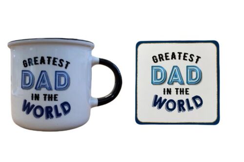 Greatest Dad In The World 330mL Coffee Tea Mug Cup And Cork Backed Coaster 2 Piece Gift Set In Box