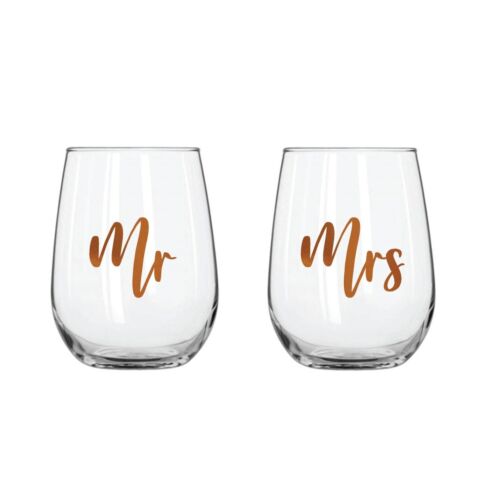 Mr & Mrs Set Of Two 600ml Stemless Wine Glass With Rose Gold Phrase
