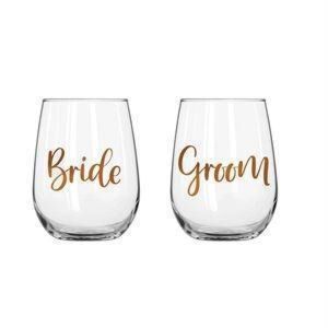 Bride And Groom Set Of Two 600ml Stemless Wine Glass With Rose Gold Phrase
