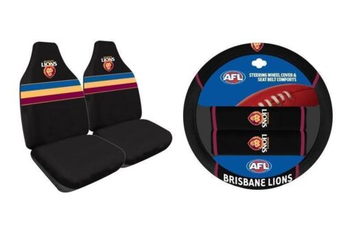 Set Of 2 Brisbane lions AFL Car Seat Covers & Steering Wheel 