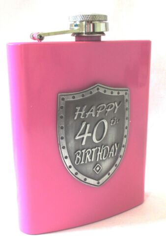 40th Birthday Pink 150ml Hip Flask With Badge In Gift Box