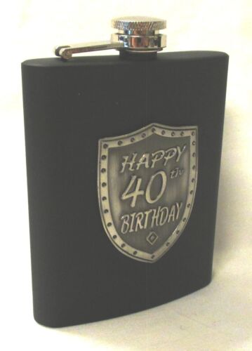 40th Birthday Black 150ml Hip Flask With Badge In Gift Box