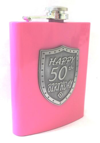 50th Birthday Pink 150ml Hip Flask With Badge In Gift Box