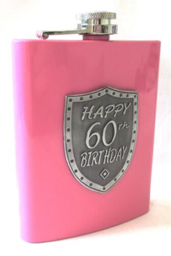 60th Birthday Pink 150ml Hip Flask With Badge In Gift Box