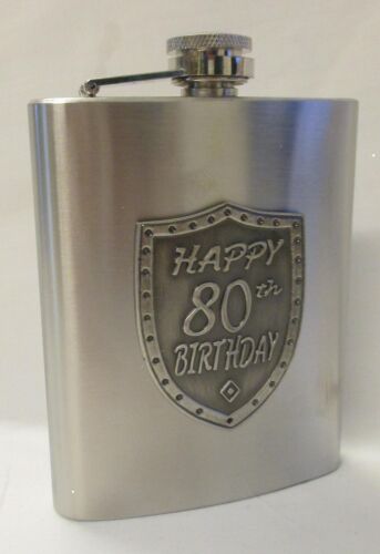 80th Birthday Silver 150ml Hip Flask With Badge In Gift Box