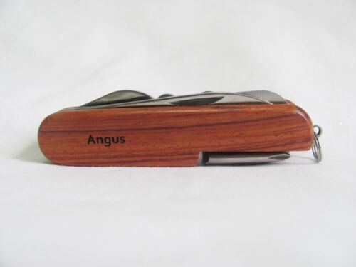 Angus Name Personalised Wooden Pocket Knife Multi Tool With 10 Tools / Accessories