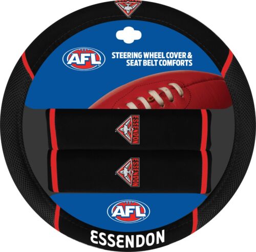Essendon Bombers AFL Team Logo 39cm Diameter Flexible Steering Wheel & 2 Seat Belt Covers