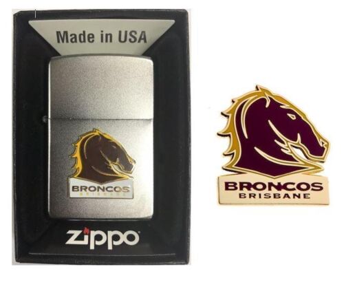 Set Of 2 Brisbane Broncos NRL Team Logo Refillable Zippo + Team Logo Pin