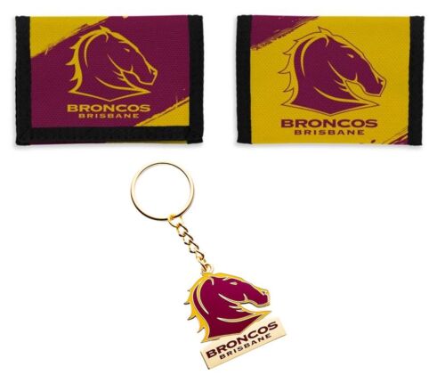 Set of 2 Brisbane Broncos NRL Team Logo Nylon Velcro Sports Wallet & Club Logo Keyring Chain