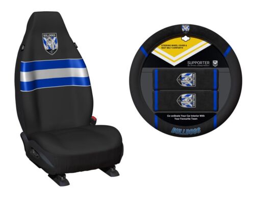 Set of 2 Canterbury Bulldogs NRL Car Seat Covers & Steering Wheel Cover 
