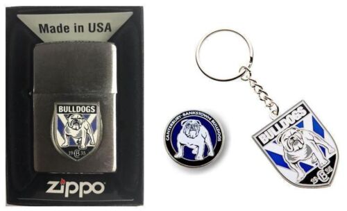 Set Of 3 Canterbury Bulldogs NRL Team Logo Refillable Zippo + Heritage Logo Pin + Team Logo Key Ring