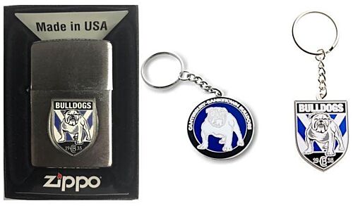 Set Of 3 Canterbury Bulldogs NRL Team Logo Refillable Zippo + Heritage Logo Key Ring + Team Logo Key Ring