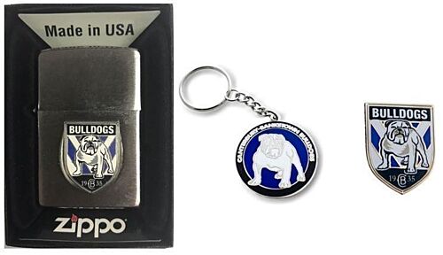 Set Of 3 Canterbury Bulldogs NRL Team Logo Refillable Zippo + Heritage Logo Key Ring + Team Logo Pin