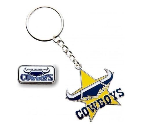 Set of 2 North Queensland Cowboys NRL Team Heritage Logo Collectable Lapel Hat Tie Pin Badge & Mascot Metal Key Ring Keyring