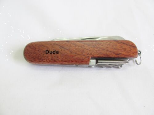 Dude  Name Personalised Wooden Pocket Knife Multi Tool With 10 Tools / Accessories