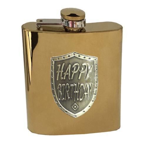 Happy Birthday Gold 150ml Hip Flask With Badge In Gift Box
