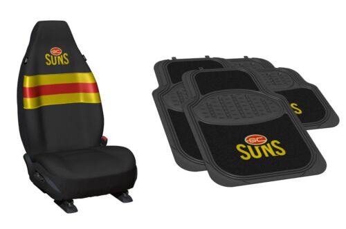 Set Of 2 Gold Coast Suns AFL Team Logo Front Car Seat Covers & 4 Floor Mats 2x Front 2x Rear
