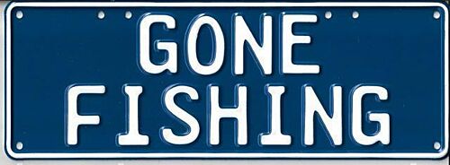 Gone Fishing White on Blue 37cm x 13cm Novelty Number Plate 