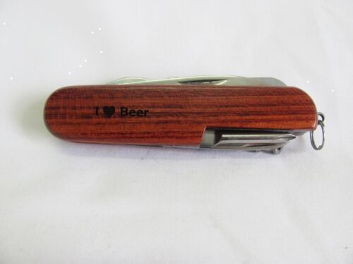 I Love Beer  Name Personalised Wooden Pocket Knife Multi Tool With 10 Tools / Accessories