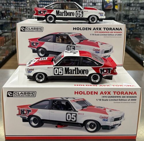 Peter Brock Twin Pack 1978 + 1979 Sandown 400 Winner Holden LX A9X Torana 1:18 Scale Model Cars With Marlboro Decals On Car 