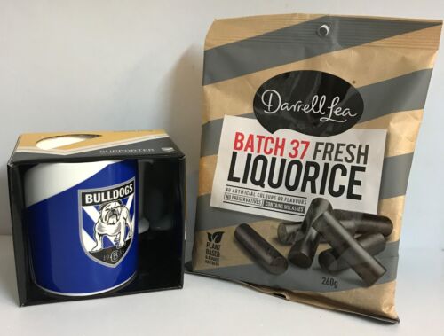 Gift Pack With Canterbury Bulldogs NRL Logo Coffee Mug + Darrell Lea Batch 37 Fresh Liquorice 260g in Gold Bag