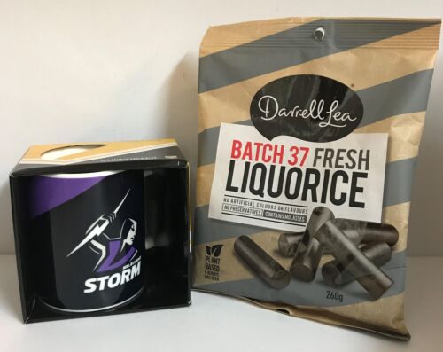 Gift Pack With Melbourne Storm NRL Logo Coffee Mug + Darrell Lea Batch 37 Fresh Liquorice 260g in Gold Bag