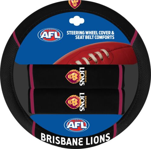 Brisbane Lions AFL Team Logo 39cm Diameter Flexible Steering Wheel & 2 Seat Belt Covers
