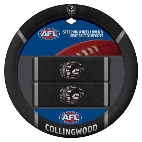 Collingwood Magpies AFL Team Logo 39cm Diameter Flexible Steering Wheel & 2 Seat Belt Covers