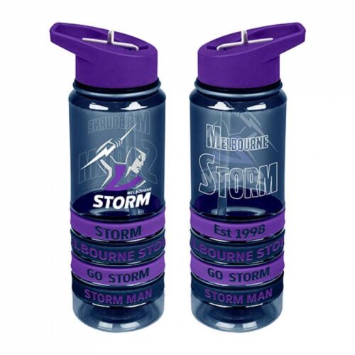 Melbourne Storm NRL Large Team Logo Tritan Plastic Drink Bottle With 4 Wrist Bands In Team Colours