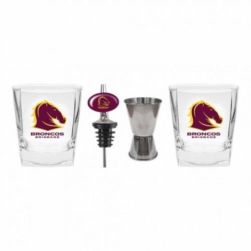 Brisbane Broncos NRL Team Set of 2 Spirit Glasses Pourer & Jigger Bar Gift Pack