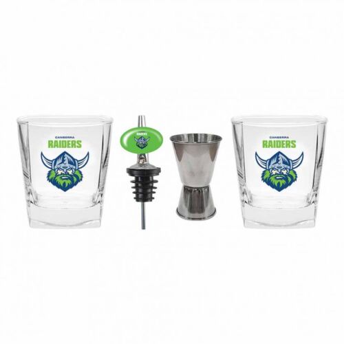 Canberra Raiders NRL Team Set of 2 Spirit Glasses Pourer & Jigger Bar Gift Pack