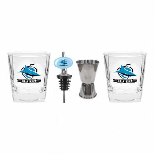 Cronulla Sharks NRL Team Set of 2 Spirit Glasses Pourer & Jigger Bar Gift Pack