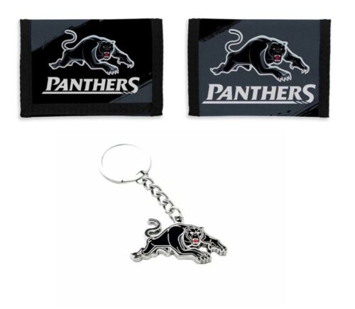 Set of 2 Penrith Panthers NRL Team Logo Nylon Velcro Sports Wallet & Club Logo Keyring Chain