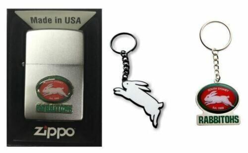 Set 3 South Sydney Rabbitohs NRL Team Zippo + Heritage & Team Logo Key Rings