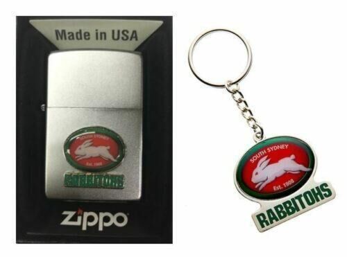 Set 2 South Sydney Rabbitohs NRL Team Logo Refillable Zippo + Team Logo Key Ring