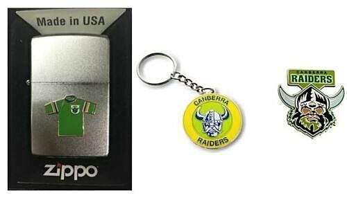 Set 3 Canberra Raiders NRL Team Jersey Zippo + Heritage Key Ring & Team Logo Pin