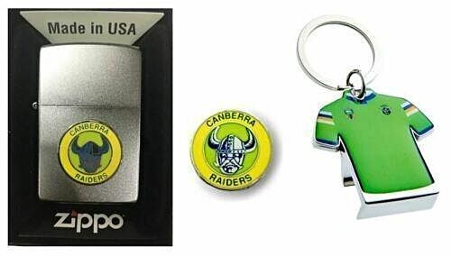 Set 3 Canberra Raiders NRL Heritage Zippo + Heritage Pin & Bottle Opener Keyring