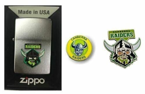 Set 3 Canberra Raiders NRL Team Logo Zippo + Heritage Logo & Team Logo Pins