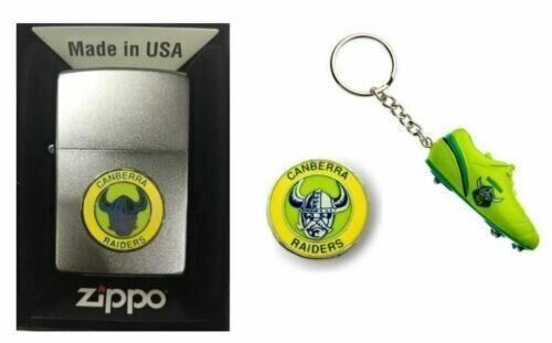 Set 3 Canberra Raiders NRL Heritage Zippo + Heritage Pin & Resin Boot Key Ring