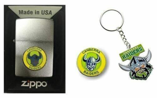 Set 3 Canberra Raiders NRL Heritage Zippo + Heritage Pin & Team Logo Key Ring