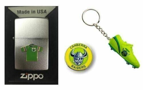 Set 3 Canberra Raiders NRL Team Jersey Zippo + Heritage Pin & Resin Boot Keyring